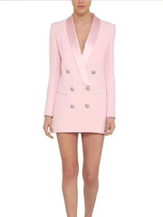 Blazer Women Gold Lion Button Double Breasted Satin Shawl Collar Long Chic Elegant Fashion Jacket