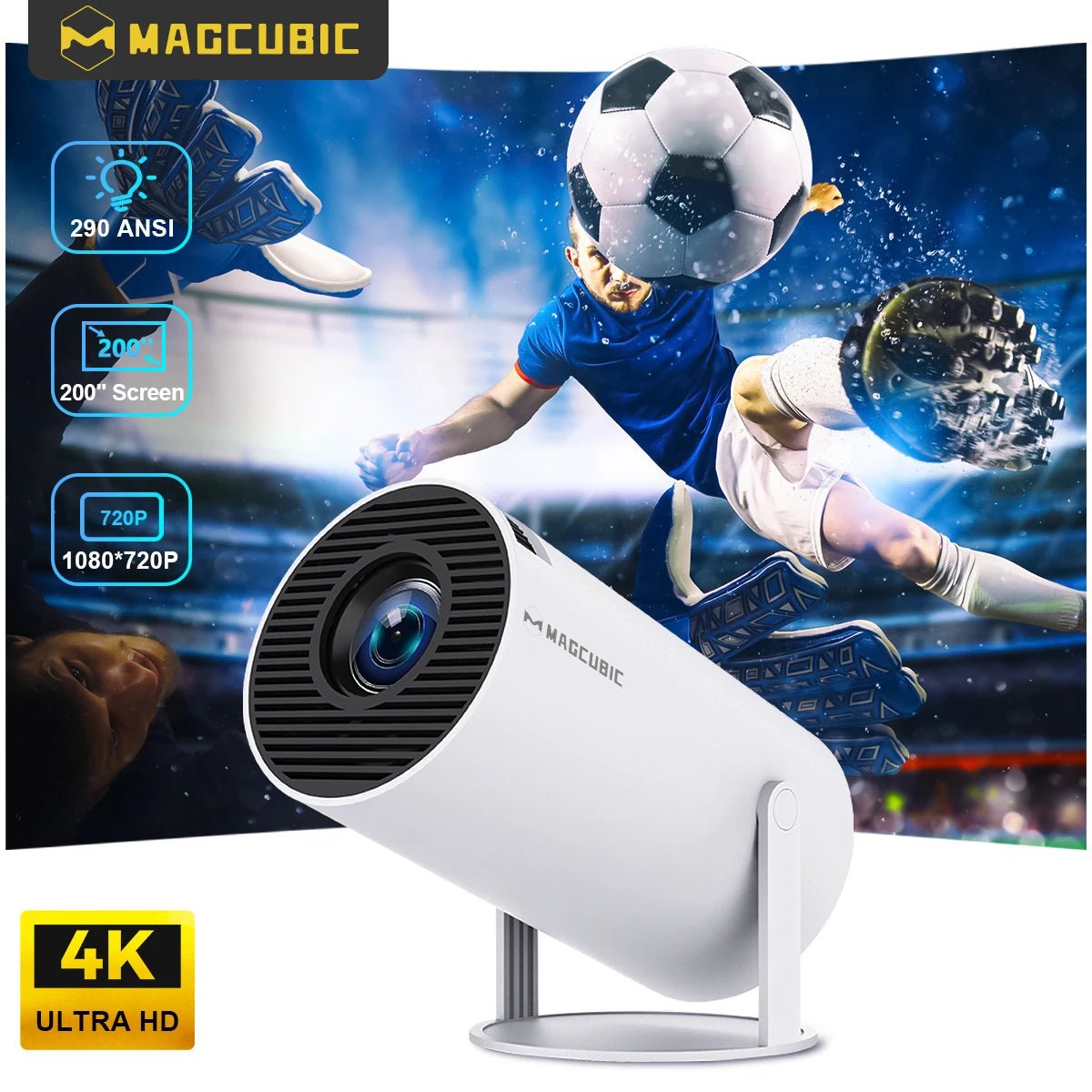 White camera projector with MAGCUBIC branding in front of a soccer-themed background