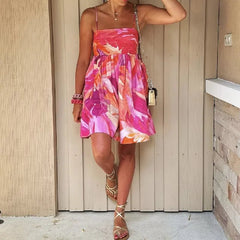 Mini Dress Women Flower Print Slash Collar Ruched Chest Sling Backless Boho Casual Summer Dress