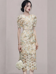 Spring/Summer New Fashion Embroidery Print Lace Hollow Out Midi Dress For Women Fluff Short Sleeves Elegant Dresses