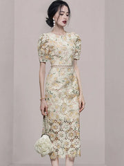 Midi Dress Women Embroidery Print Lace Hollow Out Fluffy Short Sleeve Elegant Spring Summer Dress