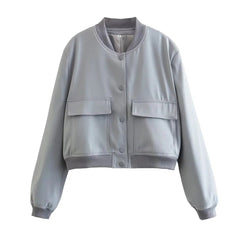 Single Breasted Short Jacket Women Pocket O-Neck Casual Chic Everyday Outerwear Fashion Coat