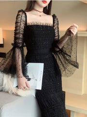 Maxi Dress Women Designer Inspired Mesh Stretch Lace Flare Long Sleeve Elegant Party Wedding Guest Prom Dress