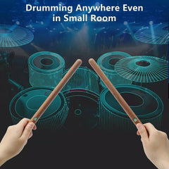 Hands holding drumsticks in front of holographic drums in a dark room with text 'Drumming Anywhere Even in Small Room'.