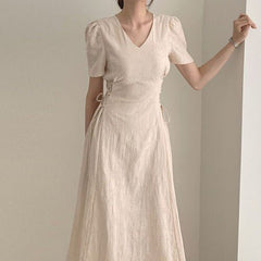 Cotton Linen A-Line Midi Dress Women Slim Waist Vintage Cute Casual Beach Vacation Summer Fashion