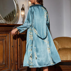 Nightgown Set Women Satin 2-Piece Floral Print Slip Dress Matching Robe Pajamas Nightwear Loungewear