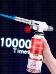 Hand holding a gas canister with a blue flame against a dark background