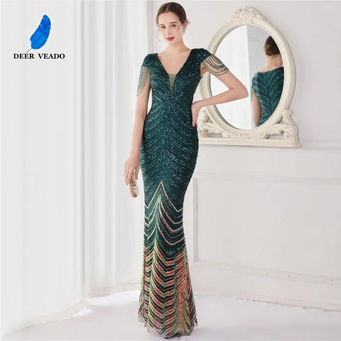 Green Sequin Beaded Mermaid Evening Dress Women V-Neck Cap Sleeve Elegant Prom Wedding Guest