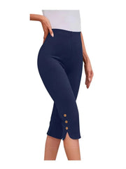 Navy blue capri pants with button details on a white background