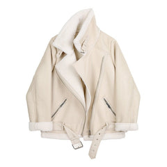 Faux Leather Jacket Women Sheepskin Fur Collar Sleeve Warm Chic Winter Casual Outerwear