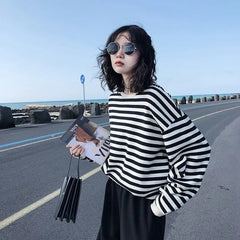 Oversized Striped Sweater Women Vintage Loose Casual Cozy Everyday Winter Fashion Sweatshirt Top