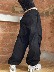 Low Waist Parachute Cargo Pants Women Loose Drawstring Wide Leg Casual Streetwear Fashion