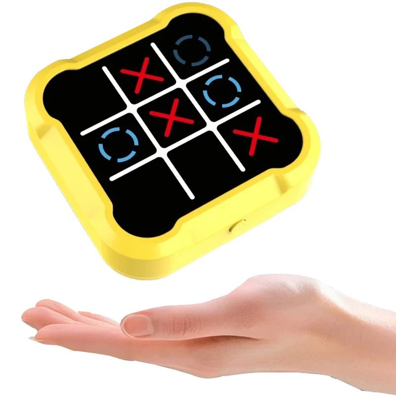 Handheld tic-tac-toe game with yellow border and black board, showing red 'X' and blue 'O' marks.