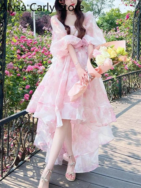 Midi Dress Women Vintage Floral Print Irregular Hem Puff Sleeve Elegant Fairy Chic Party Dress