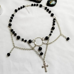 Black Angel Fairy Core Cross Charm Necklace Women Crystal Onyx Choker Fashion Jewelry Gift