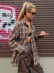 Plaid Shirt Women Vintage Loose Fit Oversized Button-Up Long Blouse Casual Autumn Winter Fashion