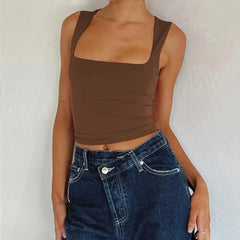 Tank Top Women Slim Y2K Midriff Solid Color Square Collar Casual Summer Streetwear T-Shirt Top