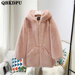 Faux Fur Hooded Coat Women Warm Thick Fleece Zipper Pockets Winter Casual Outerwear Fashion