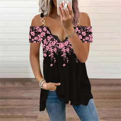 Off Shoulder Floral Print Top Women Short Sleeve Lace V-Neck Casual Summer Fashion T-Shirt