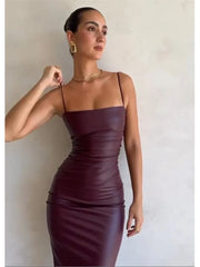 Sexy Bandage Backless Faux Leather Dress Elegant Party Cocktail Evening Midi Dress Clubwear