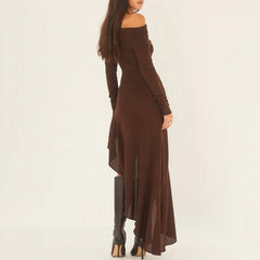 Backless Knit Midi Dress Women Stretchy Slash Neck Draped Ruffle Irregular Party Fashion Dress