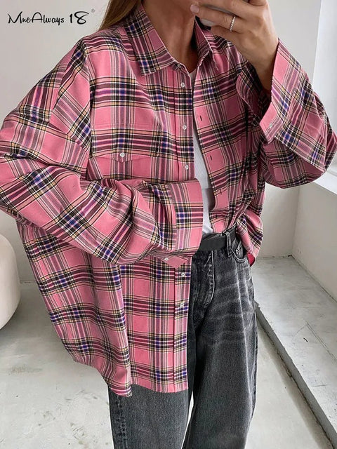 Plaid Shirt Women Casual Long Sleeve Single-Breasted Oversized Streetwear Loose Fashion Top