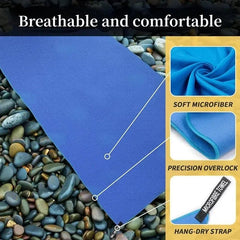 Blue microfiber towel on pebbles with text highlighting features