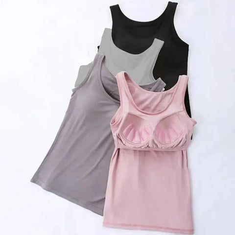 Tank Top Women Solid Color O-Neck Sleeveless Wire-Free Elastic Camisole Bra Pads Casual Fitness Vest