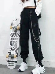 Women's Cargo Pants Harem Pants Street Fashion Punk Trousers with Pockets & Chain High Waist Streetwear