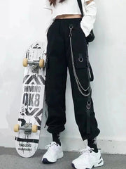Cargo Pants Women Harem Punk Pockets Chain High Waist Street Style Casual Trousers Fashion