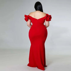 Plus Size Mermaid Maxi Dress Women Elegant Ruffle Red Black Backless Wedding Party Formal Prom