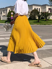 High Waist Pleated Midi Skirt Women Stretch Long Casual Elastic Comfortable Fashion Skirt