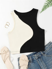 Y2K Patchwork Bodycon Tank Top Women Baby Tee Cute Preppy Crewneck Streetwear Casual Fashion