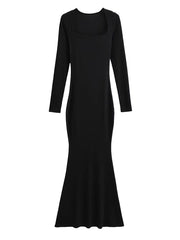 Square Collar Knitted Mermaid Maxi Dress Women Cotton Long Elegant Casual Winter Fashion