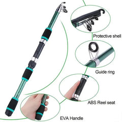 Telescopic fishing rod with detailed parts labeled on a white background