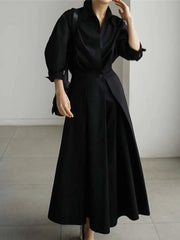 Long Sleeve Midi Dress Women Pleated Elegant Turndown Collar Loose Fit Casual Party Fashion Dress
