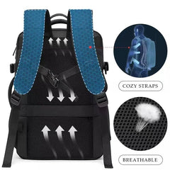 Black backpack with blue straps featuring text on comfort and breathability.