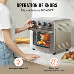 Person adjusting knobs on a toaster oven with food inside, featuring text about temperature adjustment and timer.