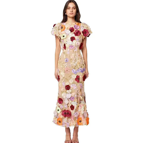 Midi Dress Women Luxury Embroidered Mesh Lace 3D Flower Bubble Sleeve Round Neck Fishtail Spring Summer
