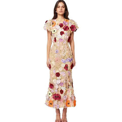 Midi Dress Women Luxury Embroidered Mesh Lace 3D Flower Bubble Sleeve Round Neck Fishtail Spring Summer