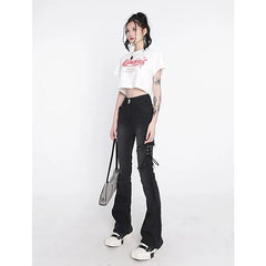 Flare Jeans Women Black Punk Lacing High Waist Stretchy Vintage Slim Denim Trousers Fashion