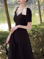 Midi Dress Women Elegant Black A-Line V-Neck Pearl Detail Vintage Office Party Long Dress