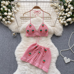 Halter Cami Set Women 2-Piece Backless Flower Hollow Out Short Skirt Beach Casual Fashion