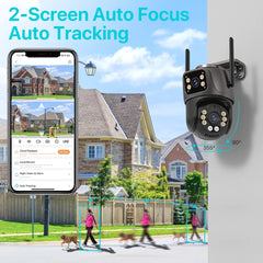 Home security camera system with smartphone app interface and house in the background