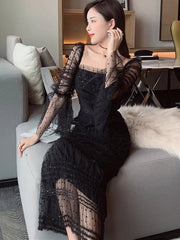 Maxi Dress Women Designer Inspired Mesh Stretch Lace Flare Long Sleeve Elegant Party Wedding Guest Prom Dress