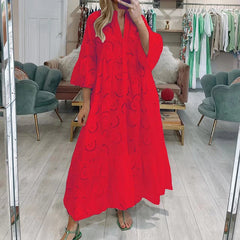 New Fashion Solid Color Flare Sleeve Loose Dress Casual V-Neck Long Dress Button Spring Summer Hollow Out A-line Dress