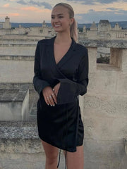 Shirt Dress Women Black Satin V-Neck Flare Sleeve Lace-Up Elegant Mini Party Spring Fall Fashion
