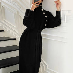 Turtleneck Knit Midi Dress Women Elegant Full Sleeve Button Decoration Warm Winter Fashion Dress