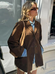 Loose Brown Jacket for Women Turndown Collar Long Sleeve Button Coat New Fashion Autumn Jacket