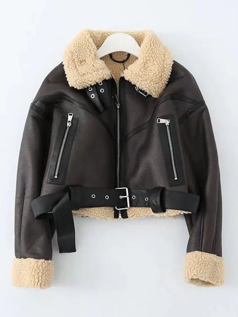 Faux Leather Biker Jacket Women Vegan Fur Short Belt Aviator Style Thick Warm Winter Outerwear